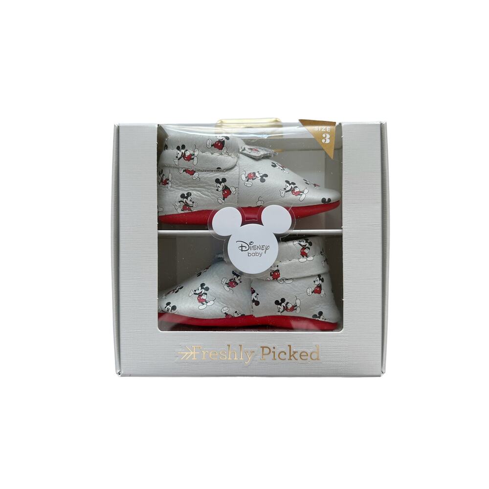 Freshly Picked Baby Moccasins - White with Red Accents & Black Disney Print